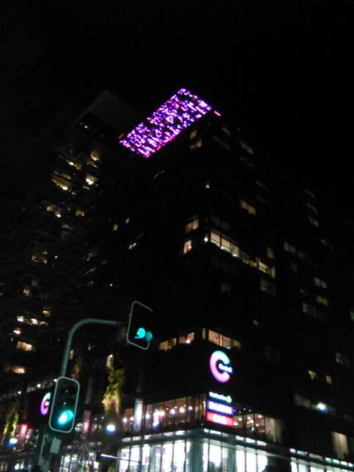 At night there is an illuminated panel that bridges the two towers. Love the building, but not too sure about the fairy lights.